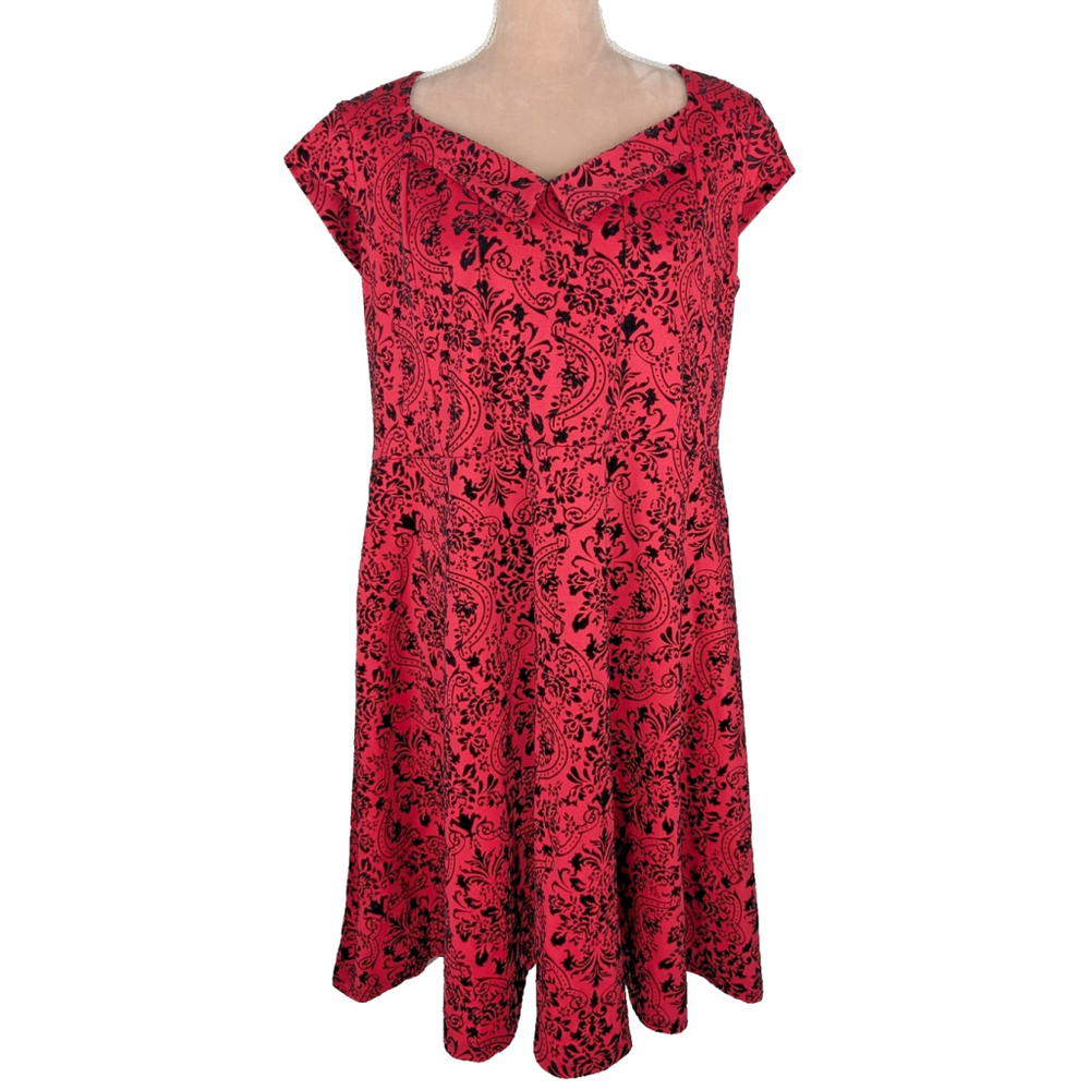 Joe Browns Flocked Velvet Skater Dress Red Sz 14 Rockabilly Whimsigoth Vampire